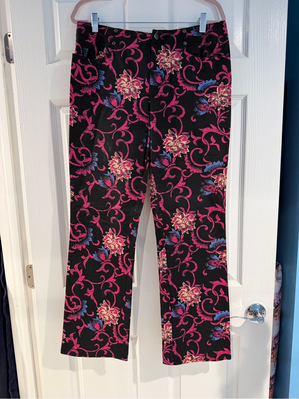 metrostyle Black Pants with Pink Floral & Blue Accents